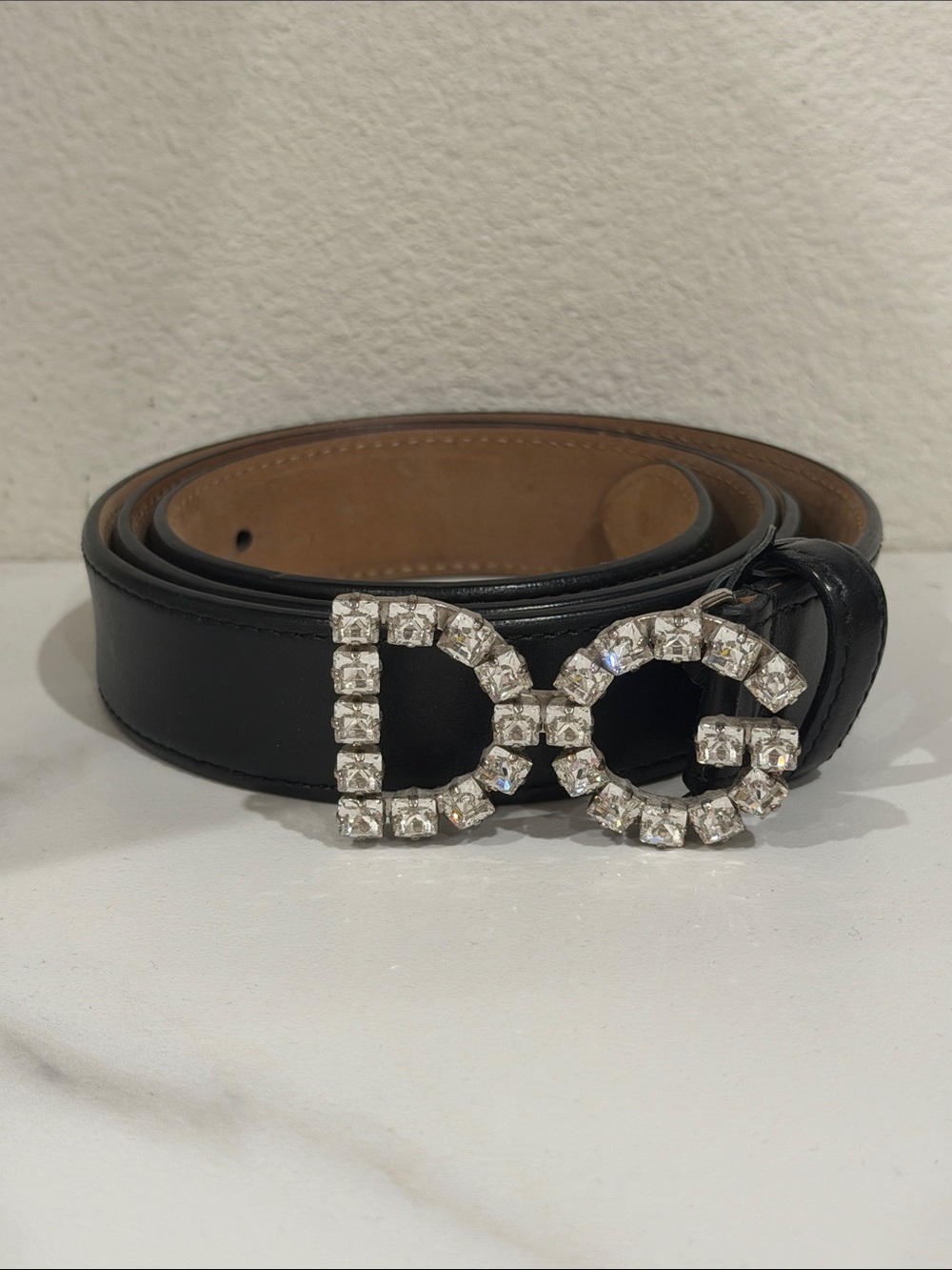 Dolce & Gabbana Black Leather Belt with Crystal DG Logo